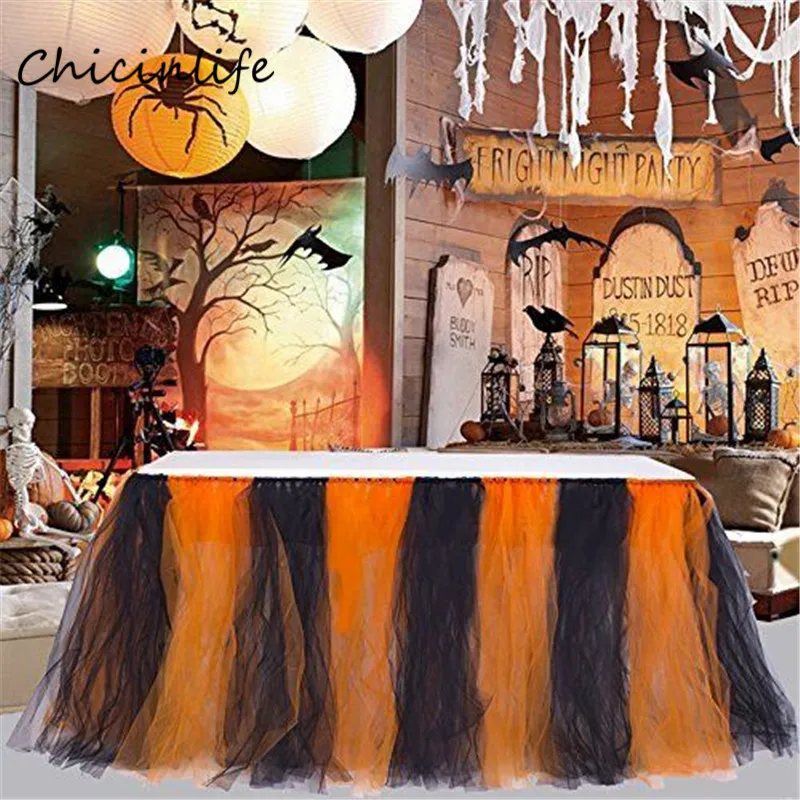Chicinlife Orange Black Tulle Table Skirt Tableware Skirts Halloween