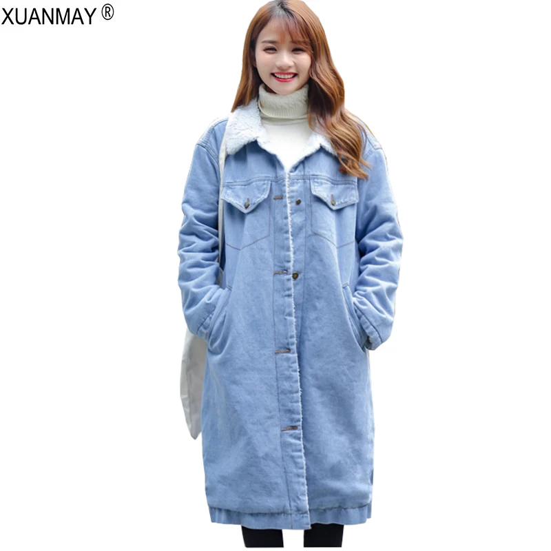 Chaqueta de mezclilla de estilo largo de las mujeres abrigo de tela de mezclilla gruesa de estilo largo cortavientos forro de felpa gruesa Parkas cálidas de mujer - 1