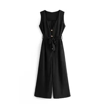 

Summer Formal Cool Fashion Office Lady Womens Solid Black V-neck Playsuit Party Summer Romper Loose Wide Leg Jumpsuit Size