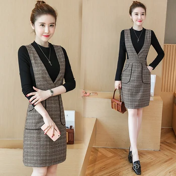 

woman black basic blouse with v neck tank dress new 2017 autumn korean fashion women's clothing set two-piece dresses suit