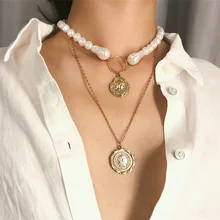 Богемное многослойное колье из искусственного жемчуга ожерелье для женщин панк резной монета воротник с ожерельем с подвесками массивные ювелирные изделия