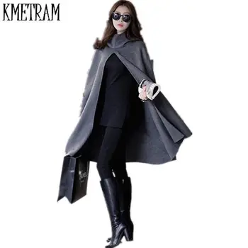 

Autumn and winter long large size casual cloaks for women wool blend hooded poncho coat woman long wool cape LA0080