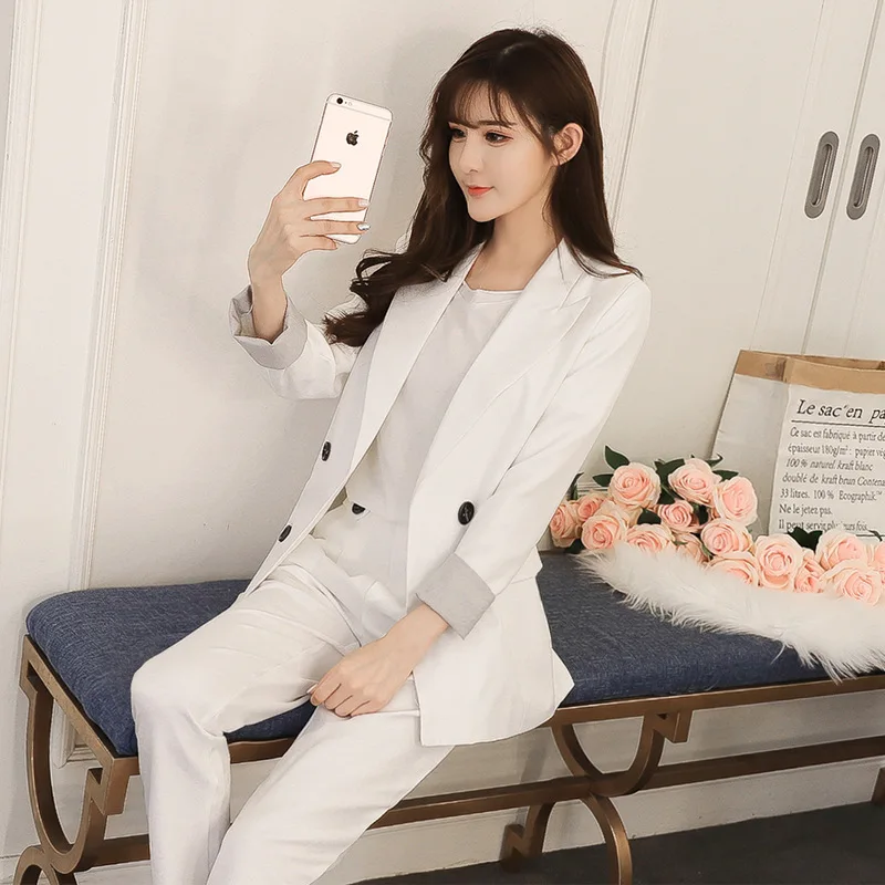 Women's pants suit Casual solid color double-breasted slim suit jacket female High quality elegant suit two-piece pants set