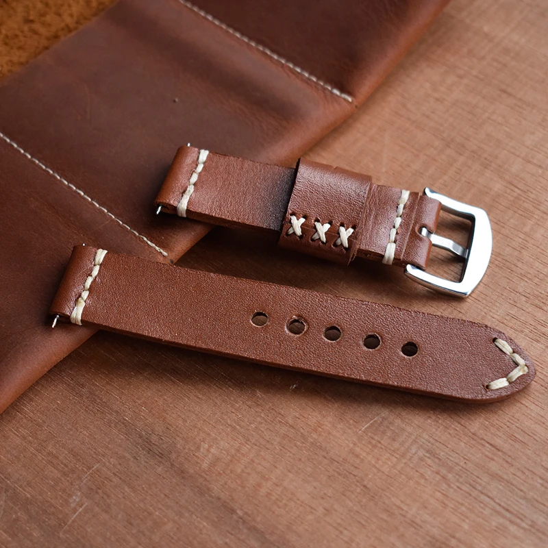 Onthelevel handmade leather genuine strap 22mm brown aircraft buckle leather strap hand-stitched wax line 2018 new