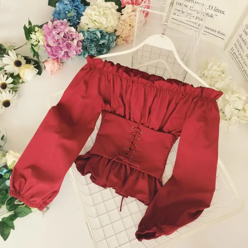 New Spring European Style Ladies Sexy Boat Collar Adjustable Shoulder Puff Sleeve Waist Strap Blouse Shirt Women Fashion Tops |