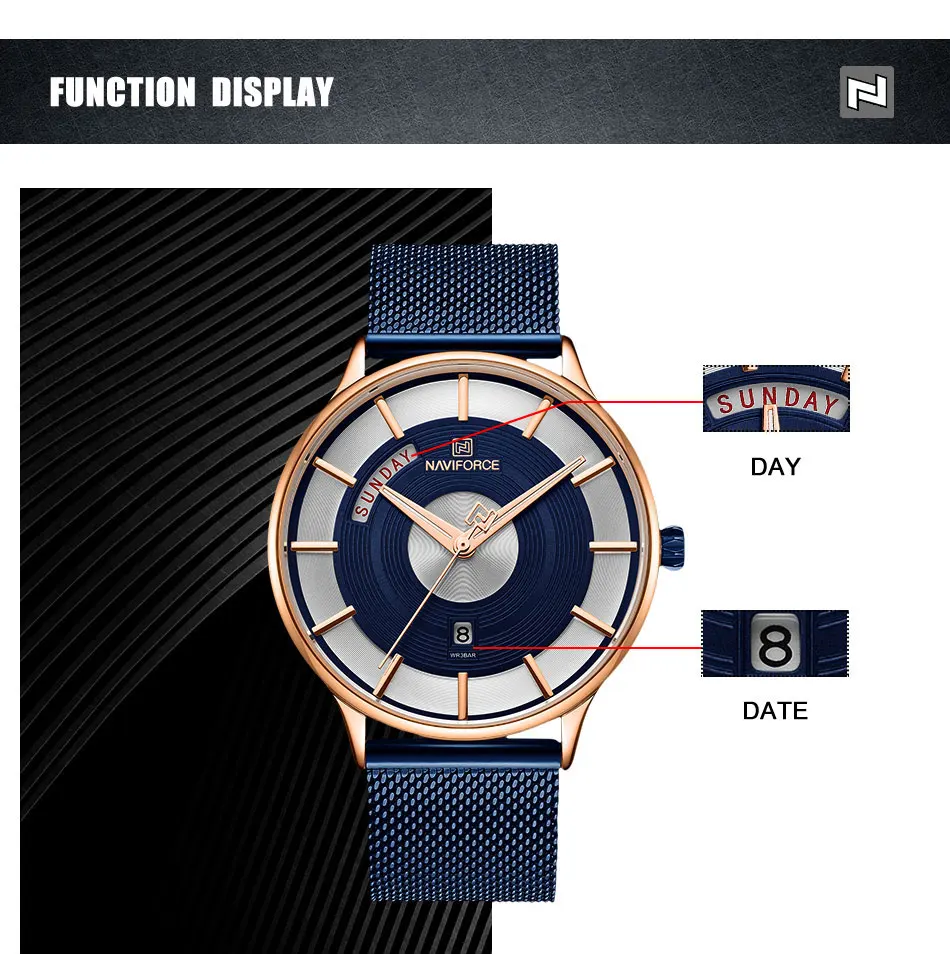 NAVIFORCE Роскошные Брендовые мужские часы ультра тонкие кварцевые часы для мужчин с синим сетчатым ремешком водонепроницаемые наручные часы с отображением даты и недели