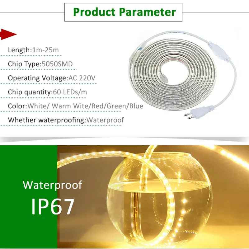 SMD 5050 220 В светодиодная лента Гибкие Светодиодные 1 м-25 м Белый/Теплый Белый/Красный/зеленый/Синий Наружного Освещения С ЕС Разъем