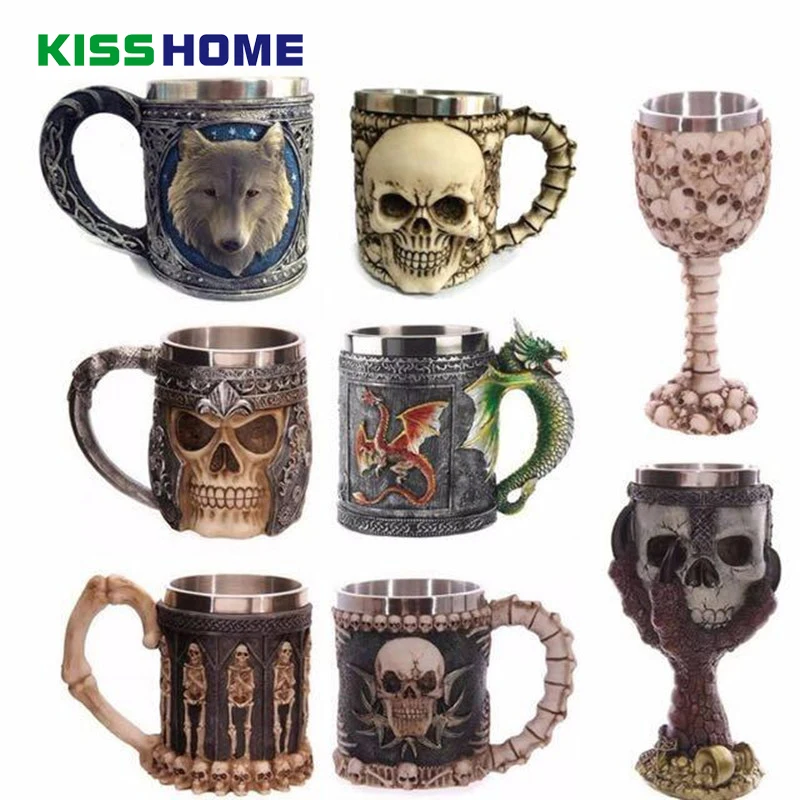 

Personalized Double Wall Stainless Steel 3D Skull Cup Coffee Knight Tankard Dragon Drinking Cup Canecas Drinkware Tableware
