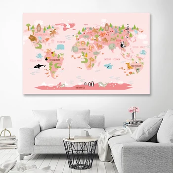 

Woodland Animal World Map Posters and Prints Nursery Decor Watercolor Map With Animals Canvas Painting For Kids Room Wall Art