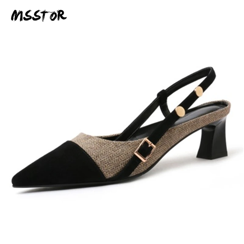 

MSSTOR Pointed Toe Summer Sandals Fashion Mixed Colors Kid Suede Slip-On Ladies Sandals Elegant Rivet High Heels Sandals Women