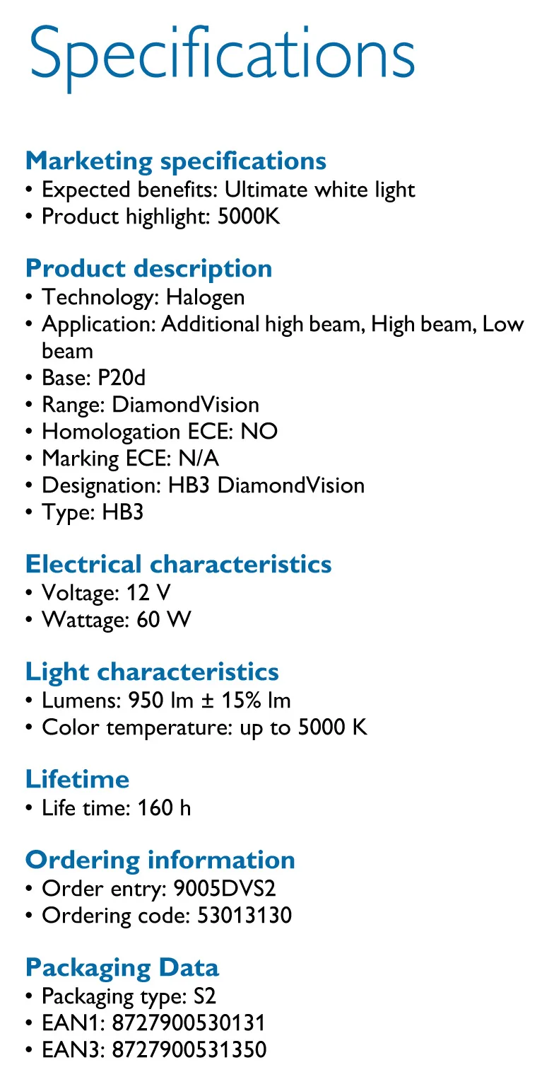 Philips Diamond Vision HB3 9005 12V 60W P20d 9005DVS2 5000K холодный белый автомобиль галогенные фары авто лампы Противотуманные фары(двойной пакет