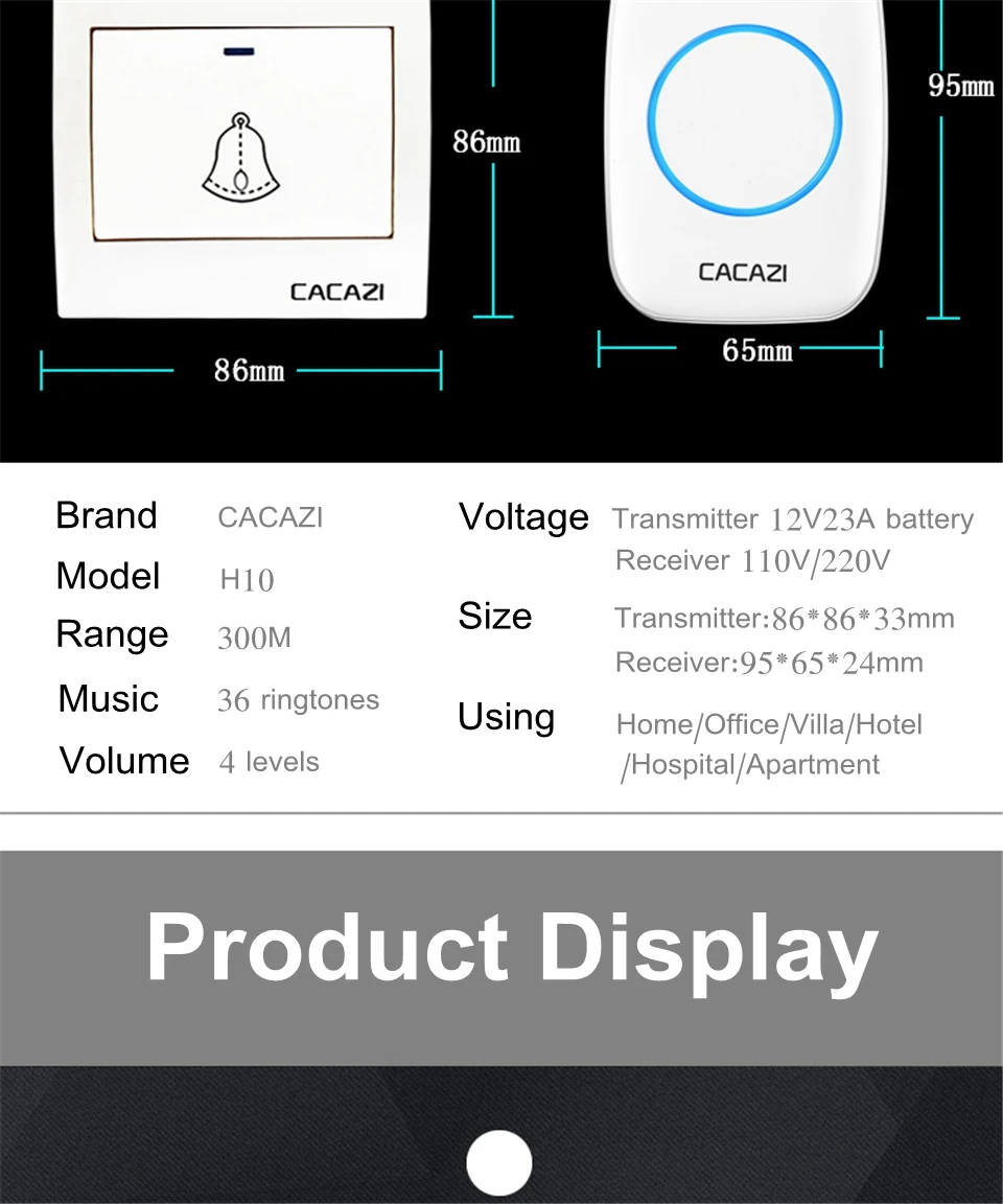 Беспроводной дверной звонок CACAZI, водонепроницаемый, 300 м, пульт дистанционного управления, 1 батарейка, кнопка, 1 2 приемника, дверной звонок для домашнего вызова, светодиодный светильник, 36 колокольчиков