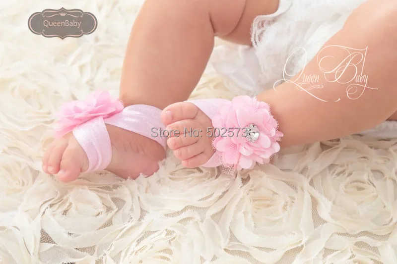 

30 pair/lot Mini Satin Mesh FLowers Matching Sparking Rhinestone Baby Sandals Baby Barefoot Sandal