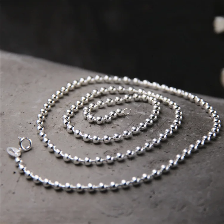 Fashion S925 Sterling Silver Retro Thai Silver Beads Necklace Long