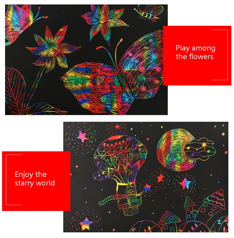 Papel com Graffiti Folhas Faça Você Mesmo Scratch Card Crianças Conjuntos Criativos 32k 16k a4 Arco-íris Riscando Arte Pintura Estêncil Desenho Brinquedo 50 17 Cheap Brinquedos p desenhar