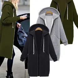Повседневное Осенне-зимнее пальто Для женщин Мода Длинные молнии куртка с капюшоном толстовки Винтаж пальто плюс Размеры 5XL