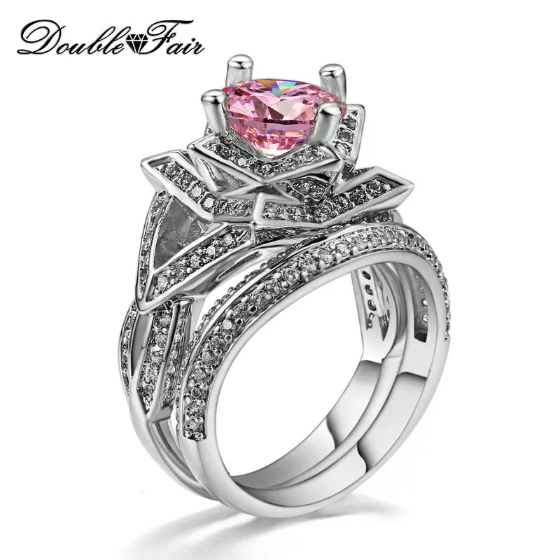 Double Fair Brand Cubic Zirconia Pink Stone Rings Sets Silver Color Fashion Wedding Crystal Ring Sets Women Jewelry DFR698