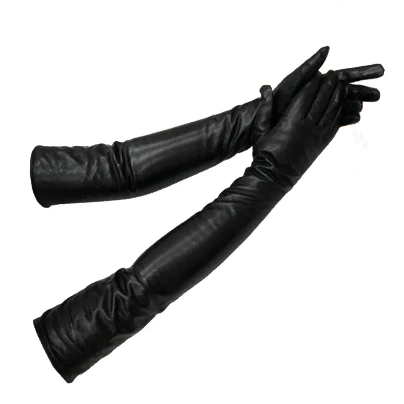 Long glove fashion sheepskin leather black gloves