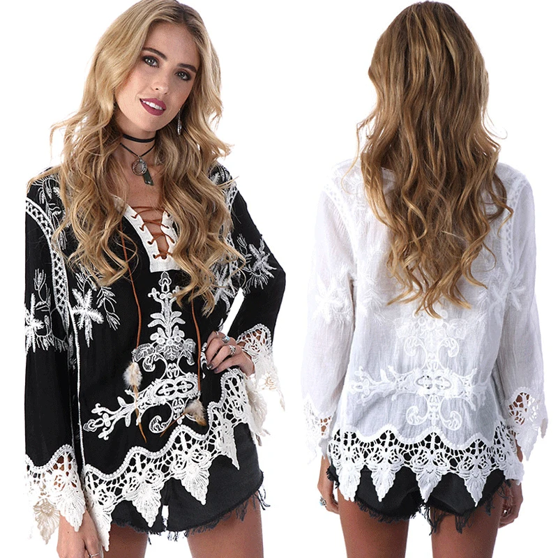 

2017 Crochet Floral Lace Blouse Shirt Women Long Sleeve Lace Up Feather Blouses Vest Top Blouse Casual Loose Tops Shirt