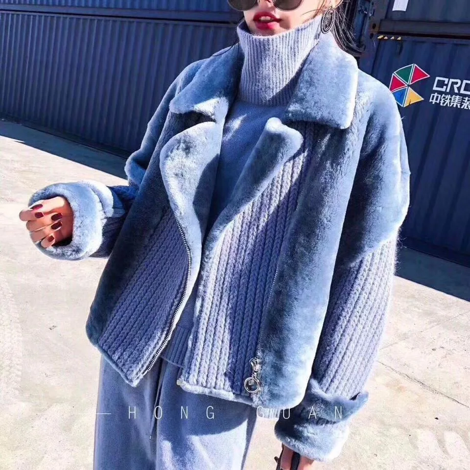 Real Fur Coat Female 2018 Fashion Icelandic Wool Fur Women Double-faced Coat Stitching Knitted Long Sleeve Motorcycle jacket