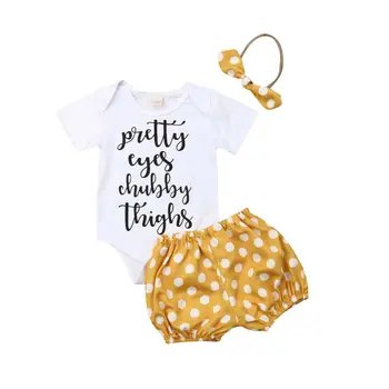 

0-24M Cute Newborn Baby Girl Short Sleeve Cotton Bodysuit Tops Polka Dot Shorts Pant Bottom Headband 3PCS Baby Clothing Set