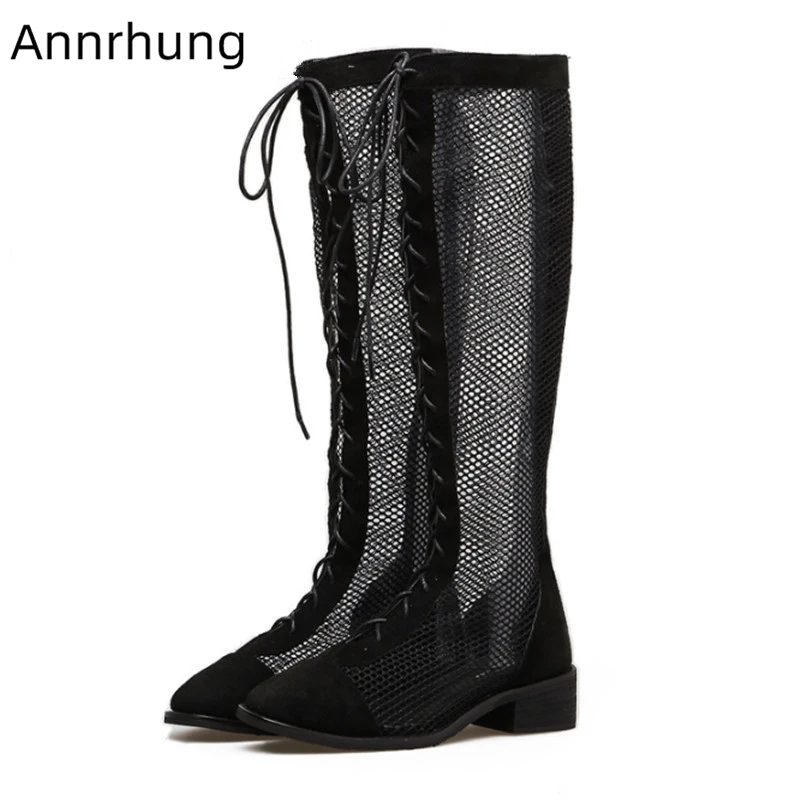 

Cross-tied Mesh Air Knee High Boots Back Zip Med Square Heel Summer Boots Women Sexy Black Netted Booties De Mujer