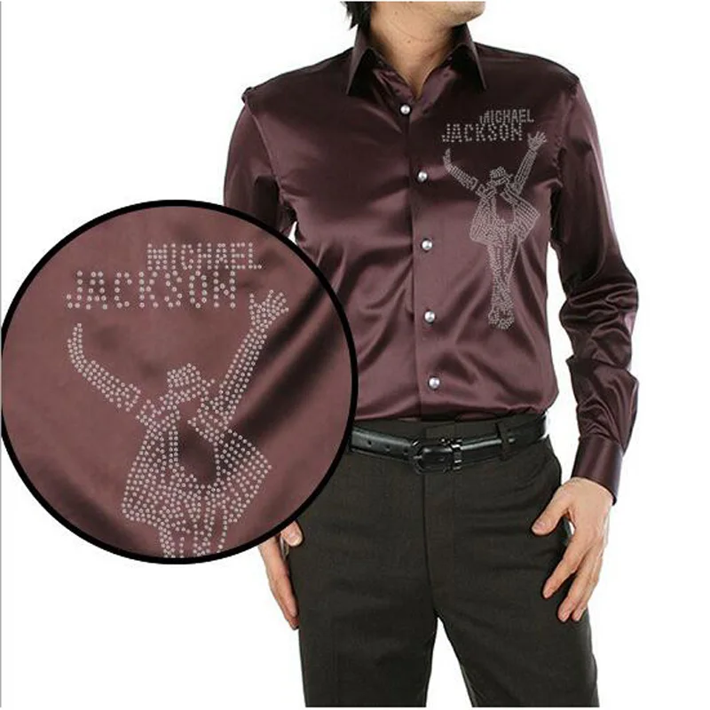 Men Shirt Fashion Rhinestone Silk Shirt Satin Mens Long Sleeve Camisa Hombre Couples Shirt Wedding Dress 