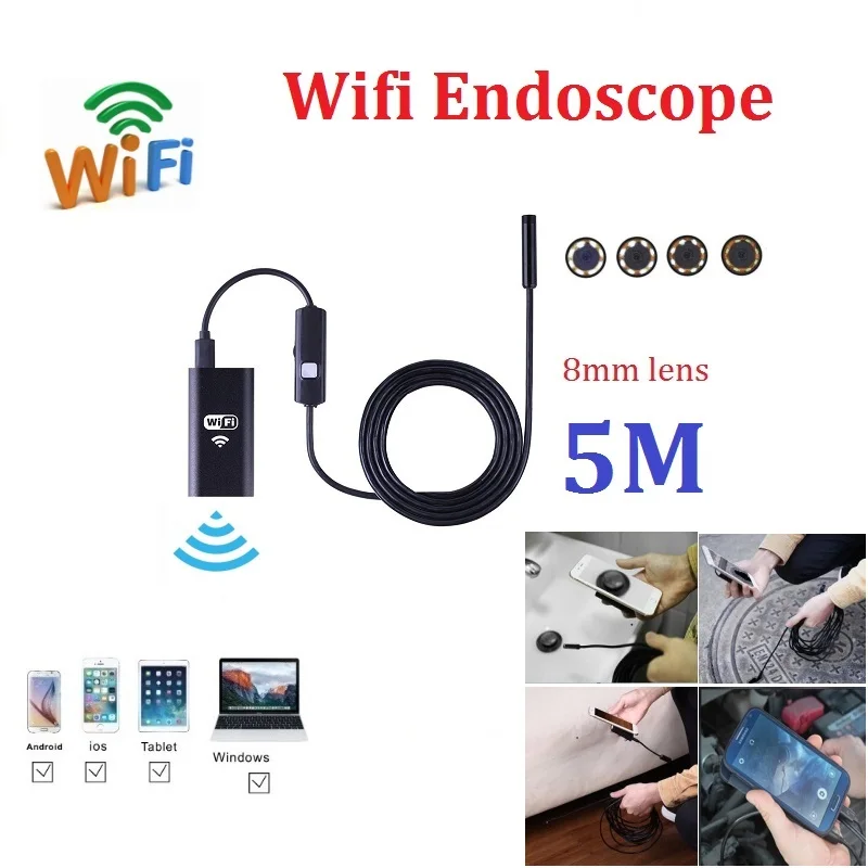 

5M Wifi Endoscope Camera iphone Android 720P Borescope Camera 8mm lens mini Endoscope Softwire with 8pcs led