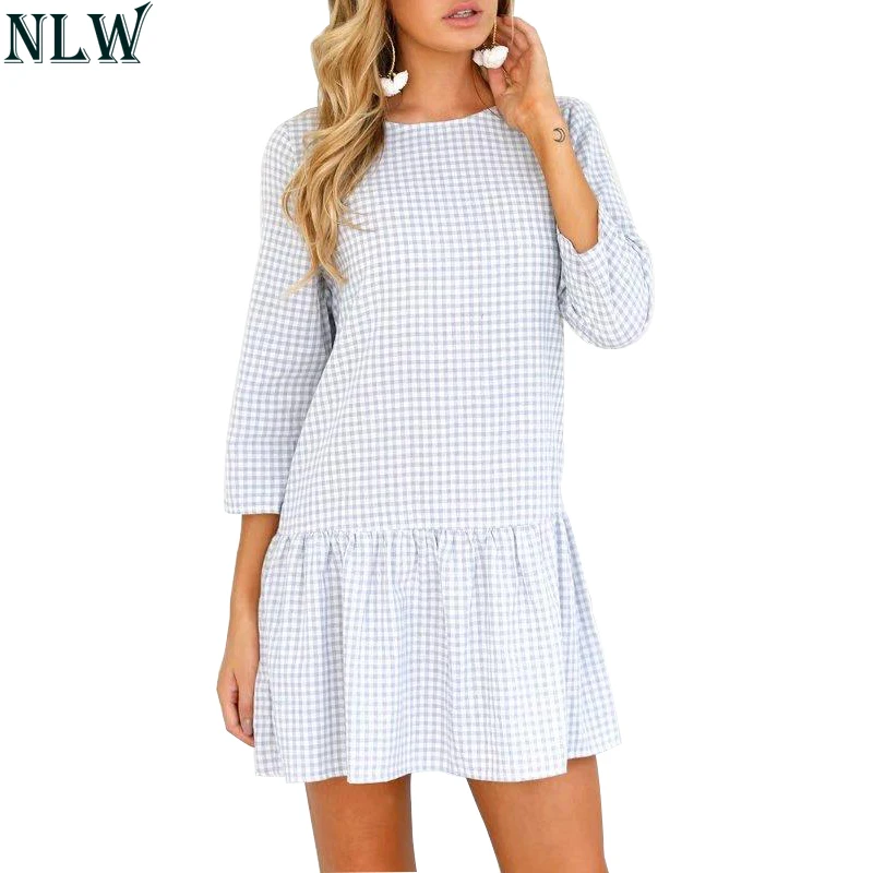 

NLW Casual Plaid Mini Dress Summer Peplum Dress Three Quarter Sleeve O Neck 2018 Spring Fashion Retro Dress Grey Black Vestidos