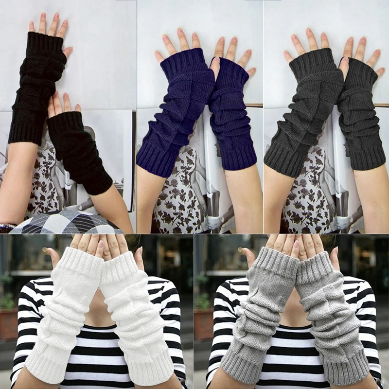 Для женщин зимние мягкие акрил руки теплые вязаные Half-палец длинные перчатки без пальцев одноцветное Цвет модные теплые для леди