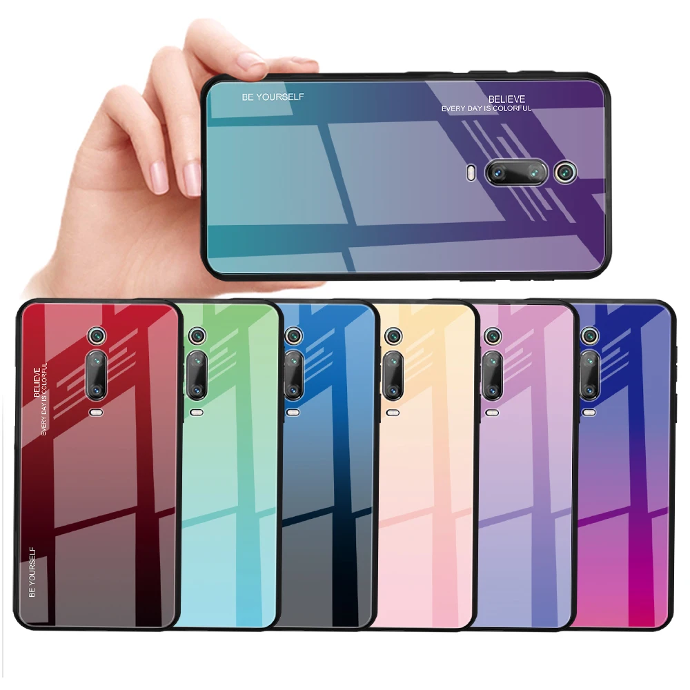 

KEYSION Gradient Tempered Glass Case for Redmi K20 Note 7 Pro Colorful Glass Soft TPU Edge Back Cover For Xiaomi Mi 9T Pro F1