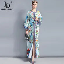 LD Linda della взлетно-посадочной полосы Макси платье 3XL плюс Размеры Для женщин вспышка рукав высокого Разделение Ремень Boho праздник Повседневное Цветочный принт длинное платье