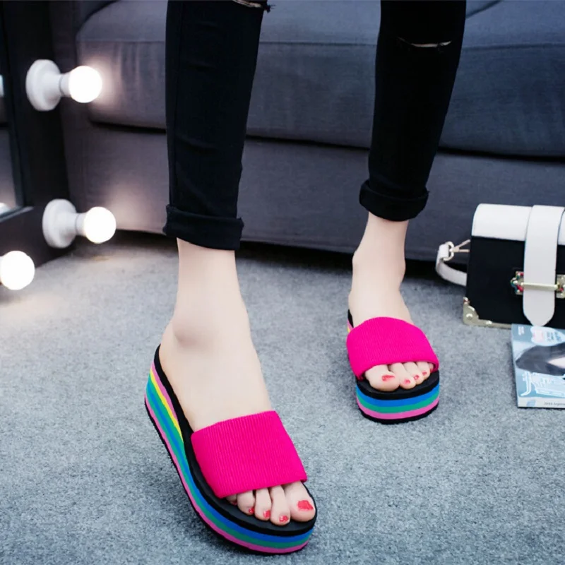 Women Slippers Candy Mixed Colors Beach Platform Shoes Summer Wedges ...