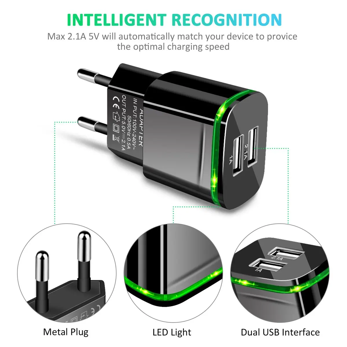 5 в 2017 а/1 А 2 порта USB зеленасветодиодный ная подсветка европейская вилка Адаптер