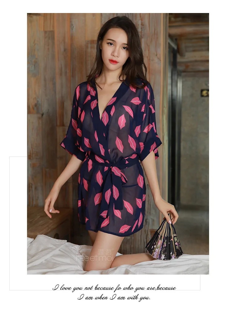 Секс прозрачный Шифоновая блузка рубашка кимоно халат Для женщин халат сексуальное женское белье пижамы Ночная одежда Для женщин халат