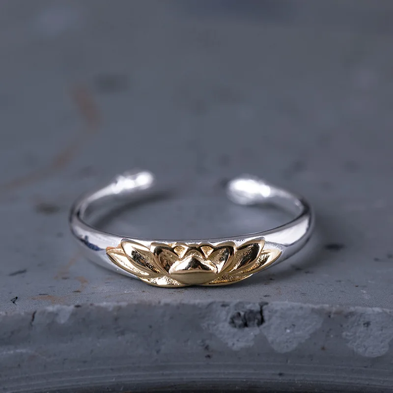 lotus golden rings woman S925 silver jewelry vintage silver ring for women chinese ethnic style resize ring free size