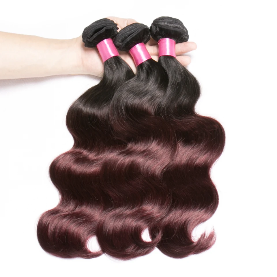 Chloe Ombre Brazilian Hair Bundles 1 Piece Burgundy Human Hair Weave Body Wave 2 Tone T1B/99J Wine Red Non-remy 10-26 inch
