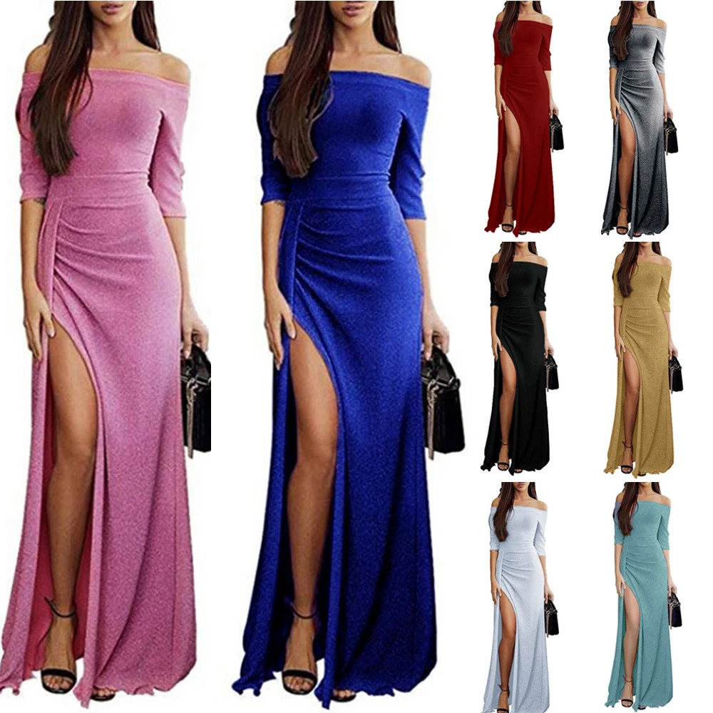 half shoulder long dress