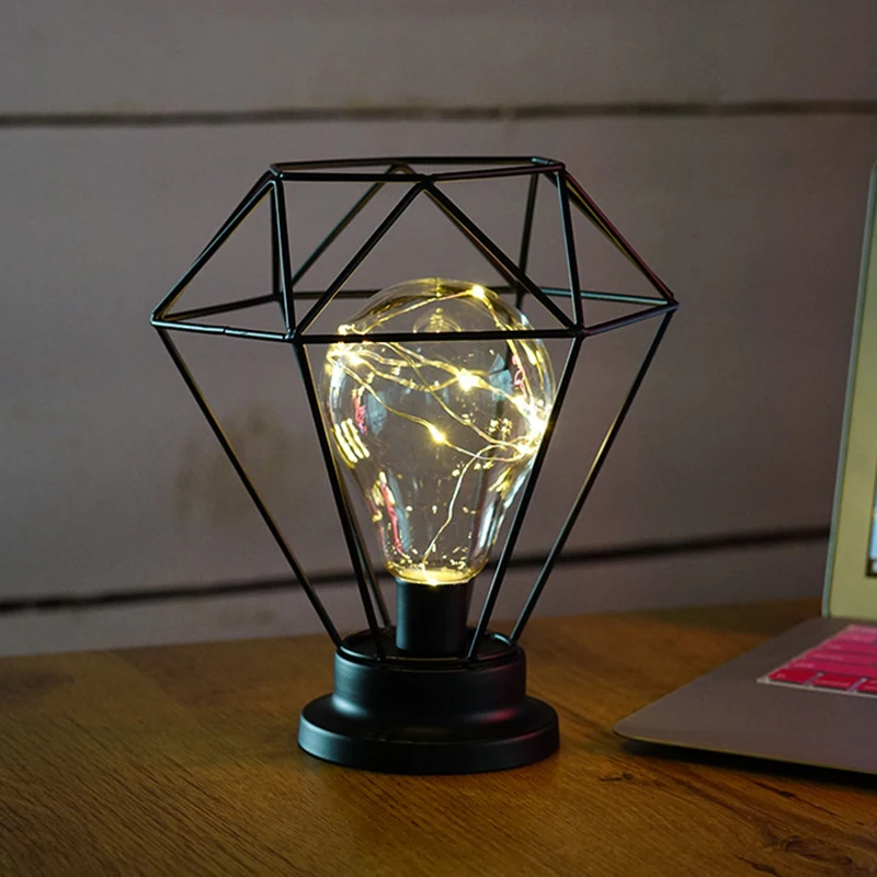 

2018 New Hot Retro Wrought Iron Decor Minimalist Desk Nightlights Polygonal/Diamond Shape Button Switch Table Lamp