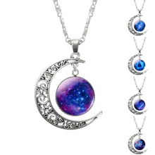 2016 New Hot Fashion Jewelry Choker Necklace Glass Galaxy Lovely Pendant Silver Chain Moon Necklace Free shipping