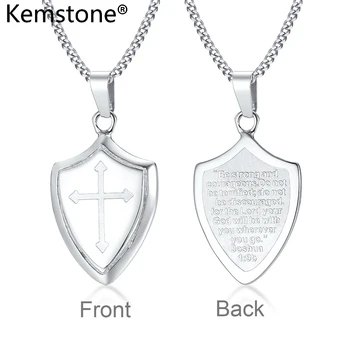 

Kemstone Stylish Shield of Faith Stainless Steel Silver Color Cross Scripture Men Pendant Necklace Jewelry Gift