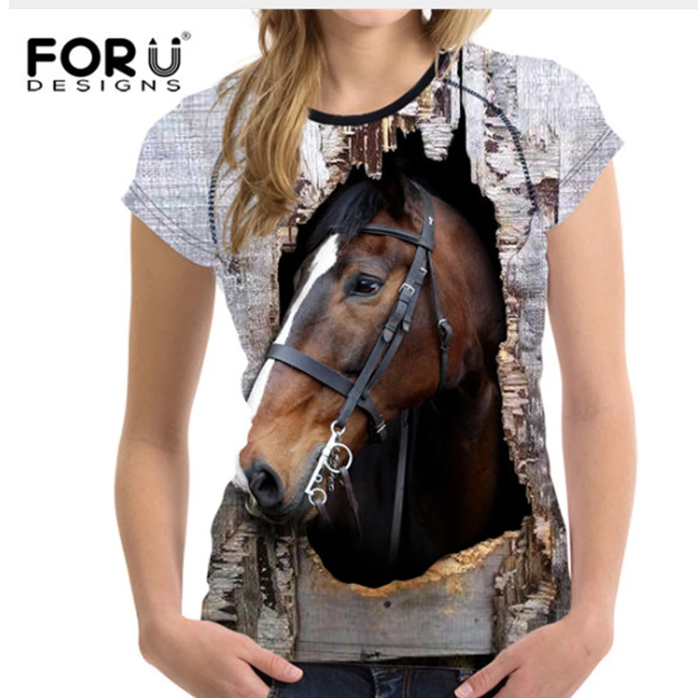 FORUDESIGNS 3D Horse Printed Women T Shirt Summer Short Sleeved T shirt Woman Crop Tops Soft