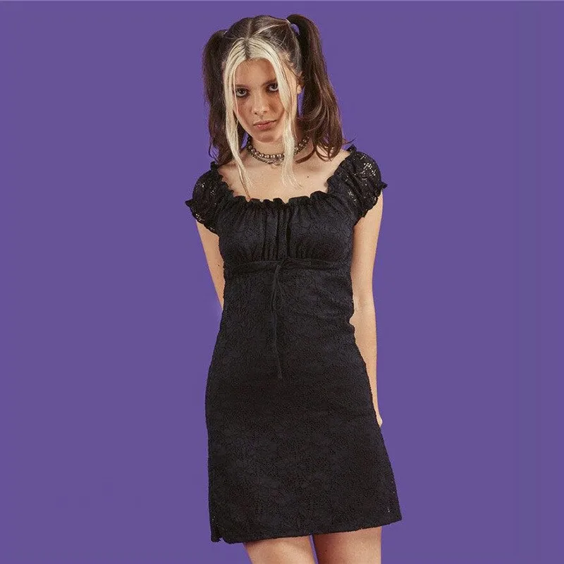 Однотонное кружевное мини платье с квадратным воротником женское винтажное