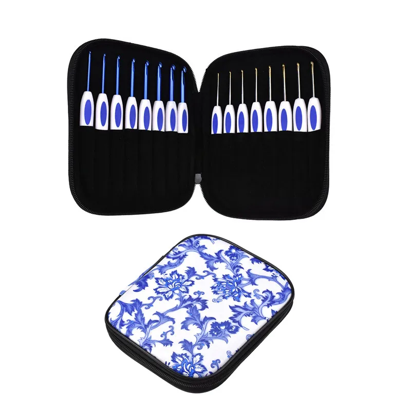 

KOKNIT 1 set 16 PCS Crochet Hooks Set Blue and white porcelain Aluminum Yarn Knitting Hooks Needles Weaving Craft Tool with Case