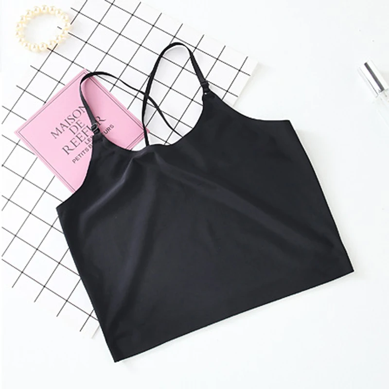 Fashion Strappy Back Women's Modal Seamless One Piece Crop Top, Ice Silk Short Camisole Lingerie Cross Crop Top Low-cut Sun-top