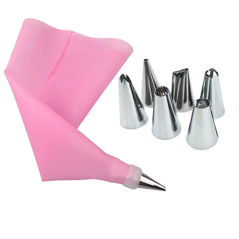 8 PCS/Set Silicone Kitchen Supplies Icing Piping Cream Pastry Bag Stainless Steel Nozzle Set DIY Cake Decorating Tips Set CC1364 - Цвет: pink