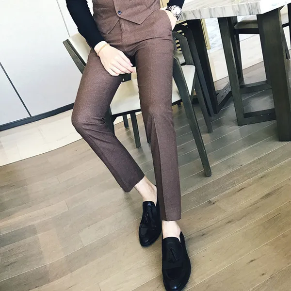 Высококачественный бренд мужской модный бутик сплошной цвет официальный деловой костюм брюки мужские профессиональные повседневные мужские брюки - Цвет: Коричневый