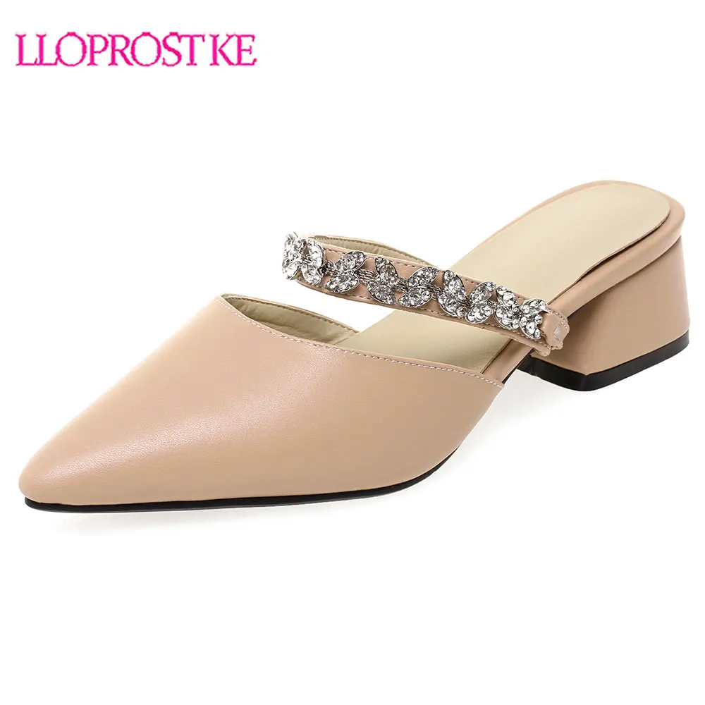 

Lloprost ke 2019 Women Sandals PU Leather Pointed Toe Middle Heel Slingback Mules Summer Fashion Half Slippers Size 31-47 H389