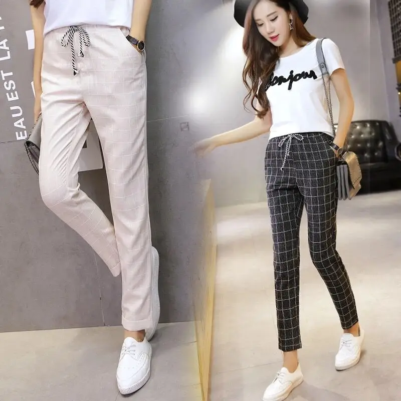 Goedkoop 2018 herfst zomer vrouwen broek hoge taille casual losse wilde vrouwelijke plaid harembroek vrouwen enkellange straight broek broek