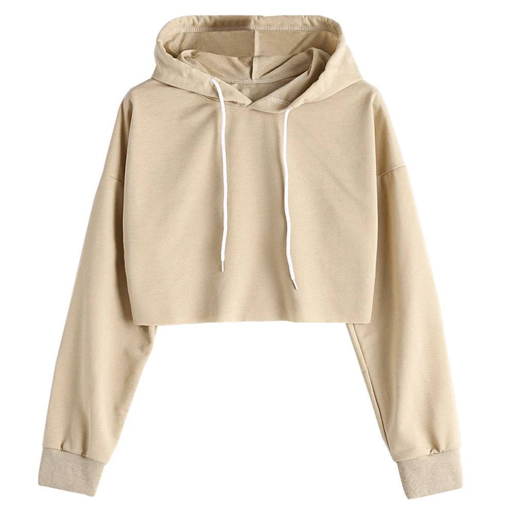 Kenancy Spring Solid Khaki Long Sleeves Women Hoodies Cropped Dropped
